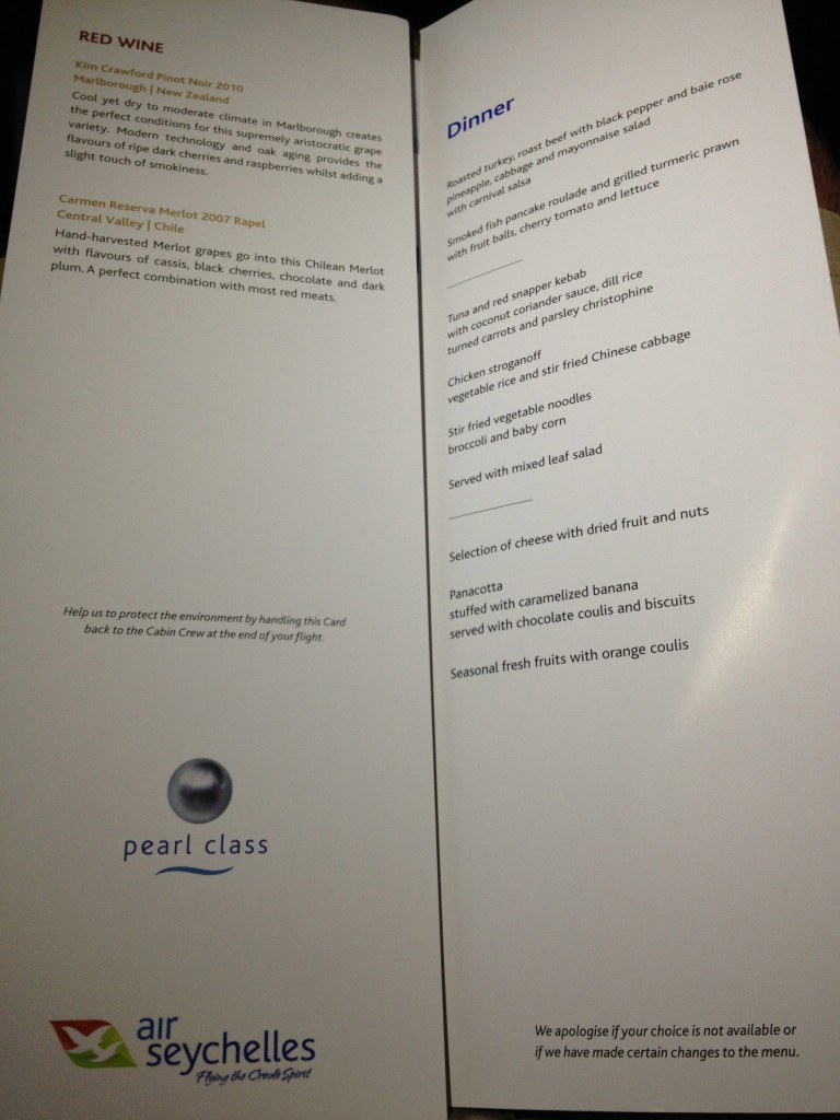 Air Seychelles MRU-SEZ Dinner Menu